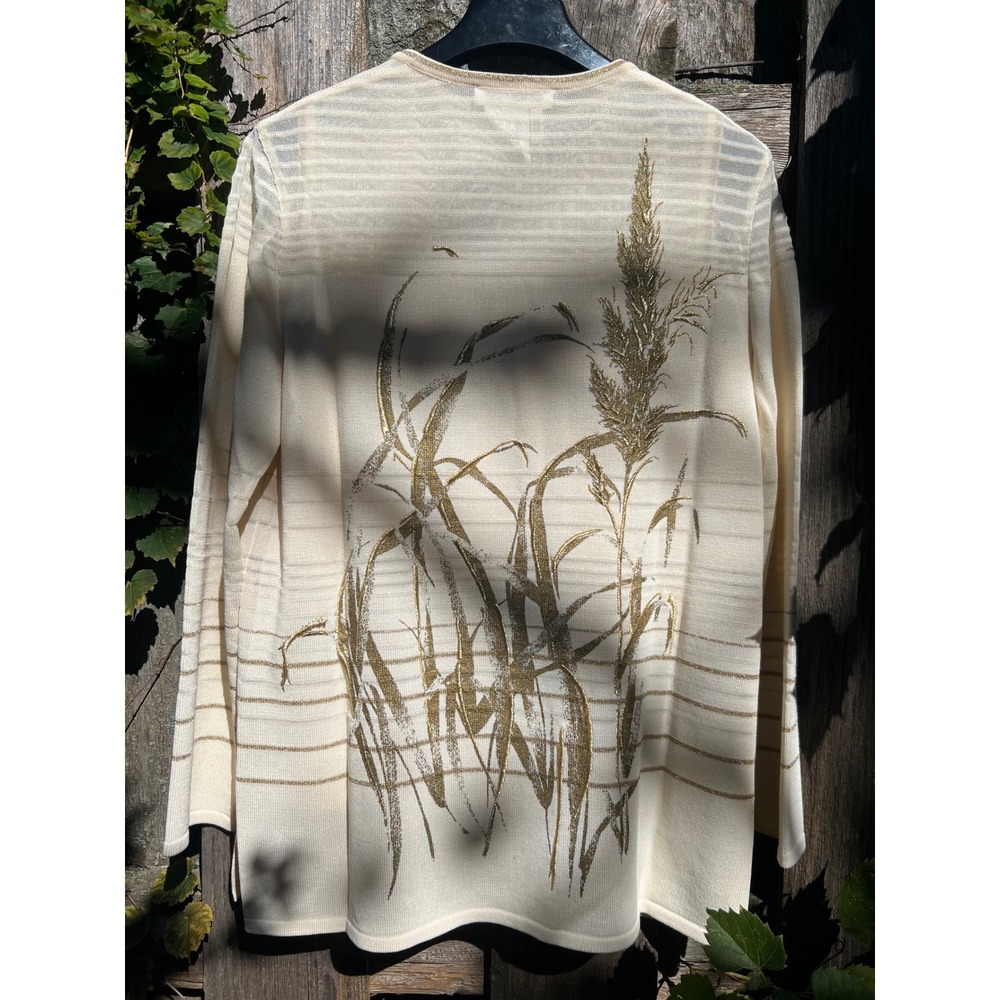 VTG Escada Margaretha Ley Cream Metallic Gold Embroidered Wheat Cardigan 2pc-Set
